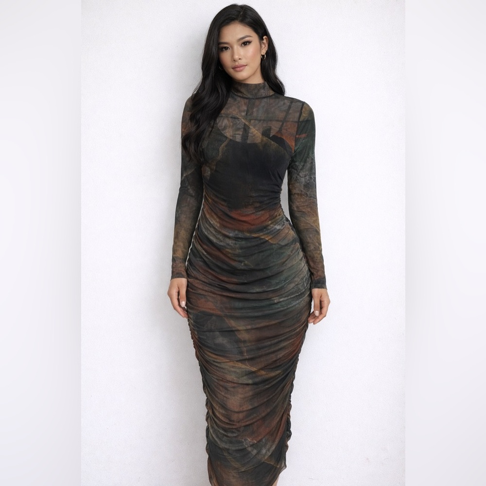 Fashion Nova Earthy Tones Long Sleeve Dress